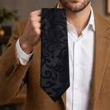 Onyx Damask Scroll Silk Tie — Handheld tie blade detail