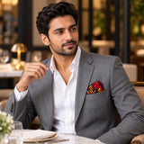 Maroon Paisley and Floral pocket square — restaurant lifestyle.