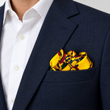 Paisley and Floral Mustard pocket square — navy jacket · alternate fold.