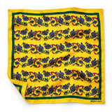 Paisley and Floral Mustard pocket square — unfolded studio detail.