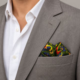 Olive Green Paisley and Floral pocket square — light jacket · wearing detail.
