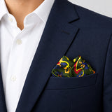Olive Green Paisley and Floral pocket square — navy jacket · alternate fold.