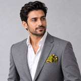 Paisley Passion pocket square — model · light grey and open collar.