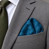 Petrol Blue Botanical Jacquard Silk Pocket Square — Close-up wearing detail