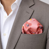 Pink Paisley Petals pocket square — light jacket · wearing detail.
