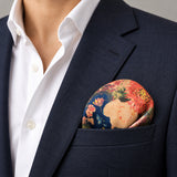 Sapphire Bouquet pocket square — navy jacket · wearing detail.