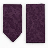 Plum Tropical Bloom silk tie and matching pocket square — Matching weave and hem