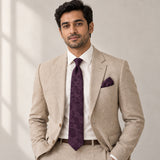 Plum Tropical Bloom silk tie and matching pocket square — Light beige · studio portrait