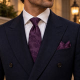 Plum Tropical Bloom silk tie and matching pocket square — Midnight blue · evening detail