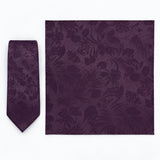 Plum Tropical Bloom silk tie and matching pocket square — Full square · overhead pair