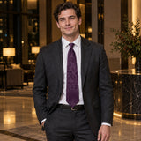 Plum Tropical Bloom Silk Tie — Charcoal suit evening