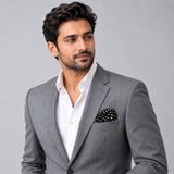 Point Black pocket square — model · light grey and open collar.