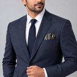 Rectangular Strips pocket square — formal model · navy and tie.