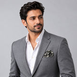 Rectangular Strips pocket square — model · light grey and open collar.