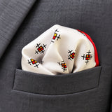 Red Potion pocket square — close-up wearing detail.