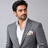 Red Potion pocket square — model · light grey and open collar.