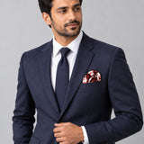 Romanian Traditional pocket square — formal model · navy and tie.