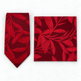 Scarlet Laurel Leaf silk tie and matching pocket square — Polished folded pair