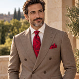 Scarlet Laurel Leaf silk tie and matching pocket square — Dark beige · terrace tailoring