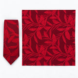 Scarlet Laurel Leaf silk tie and matching pocket square — Full square · overhead pair
