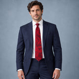 Scarlet Laurel Leaf Silk Tie — Navy suit portrait