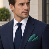 Sea Green Scroll Damask Silk Pocket Square — Formal model · navy and tie