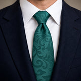 Sea Green Scroll Damask Silk Tie — Knot and lapel close-up