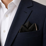Seamless Geometric Dotted pocket square — navy jacket · alternate fold.