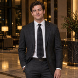 Shadow Checkerboard Silk Tie — Charcoal suit evening