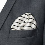 Sleek Black & White Stripes pocket square — close-up wearing detail.