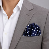 Starry Blue Night Polka Dots pocket square — light jacket · wearing detail.
