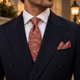 Terracotta Leaf Silhouette silk tie and matching pocket square — Midnight blue · evening detail