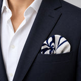 The Blue Chronicles pocket square — navy jacket · wearing detail.