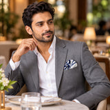 The Blue Chronicles pocket square — restaurant lifestyle.