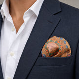 The Colour Trip pocket square — navy jacket · wearing detail.