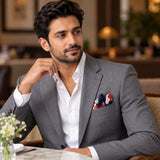 The Deep Blue Floral pocket square — restaurant lifestyle.