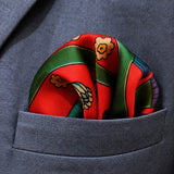 The Fiery Garden pocket square — close-up wearing detail.
