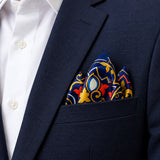 Traditional Ethnic pocket square — navy jacket · alternate fold.