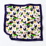 Tropical Birds and Flowers pocket square — unfolded studio detail.