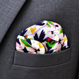 Tropical Birds and Flowers pocket square — close-up wearing detail.