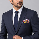 Tropical Birds and Flowers pocket square — formal model · navy and tie.