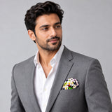 Tropical Birds and Flowers pocket square — model · light grey and open collar.
