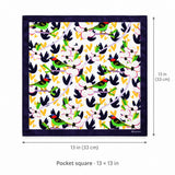 Tropical Birds and Flowers pocket square — size guide.