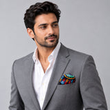 Truck Art Ethnic pocket square — model · light grey and open collar.
