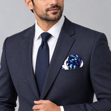 Turkish Floral pocket square — formal model · navy and tie.