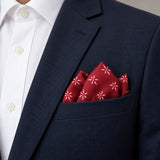 Twinkle Maroon pocket square — navy jacket · alternate fold.