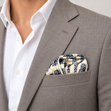 Ukrainian Folk Art pocket square — light jacket · wearing detail.