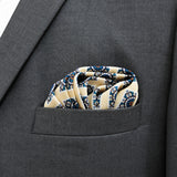 Ukrainian Folk Art pocket square — close-up wearing detail.
