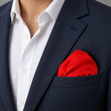 Valentine Red pocket square — navy jacket · wearing detail.