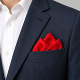 Valentine Red pocket square — navy jacket · alternate fold.